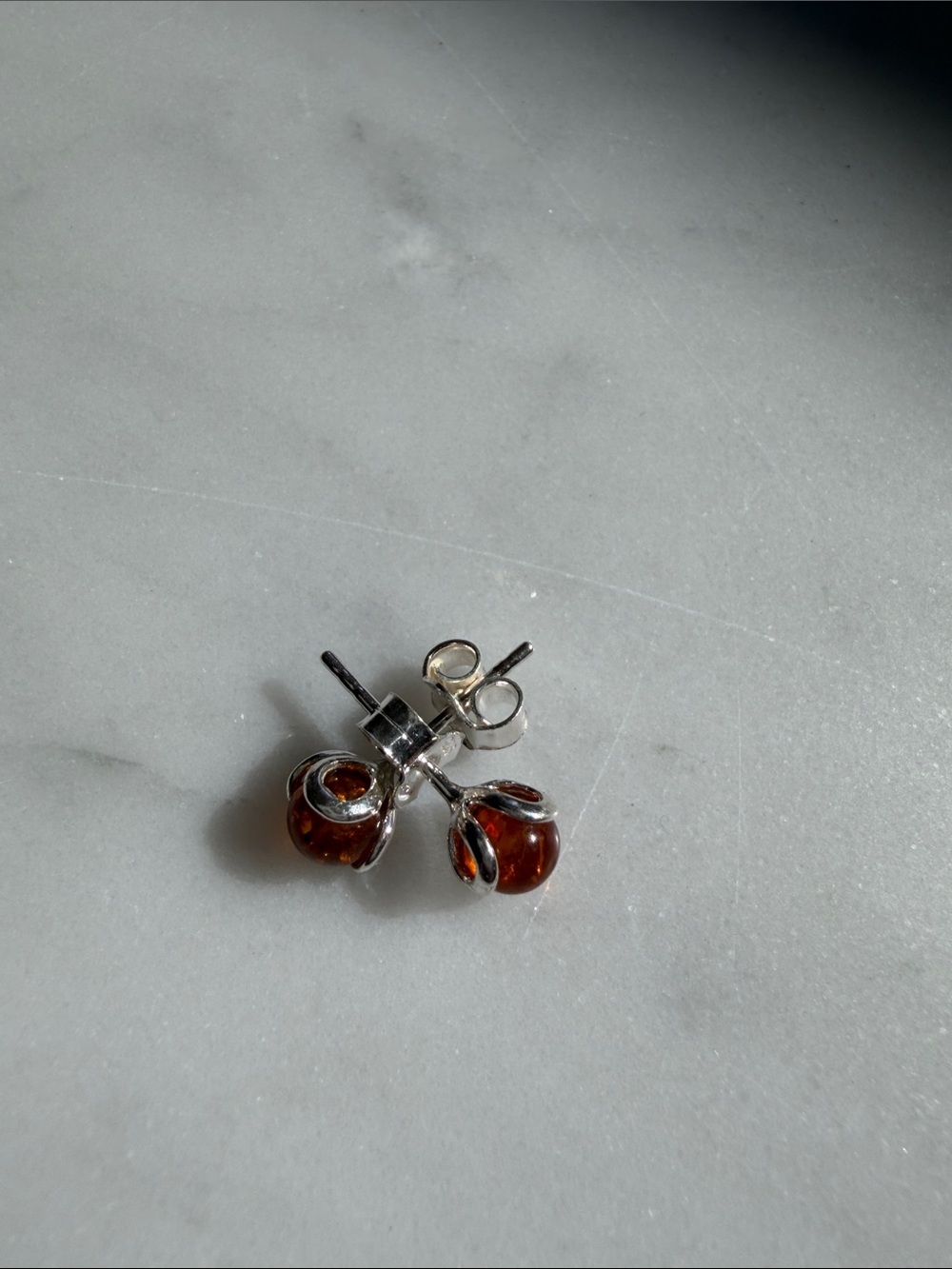 Sterling Silver Amber Cherry Stud Earrings - Brown